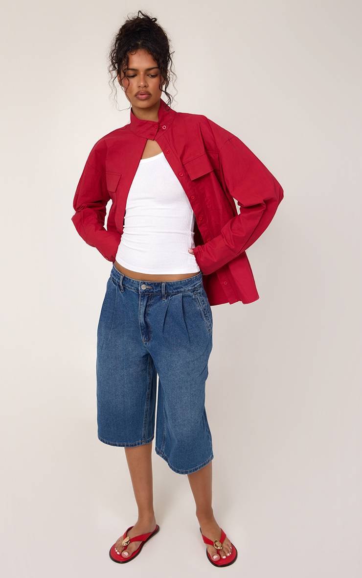 Mid Blue Wash Short En Jean Avec Détail Plissé