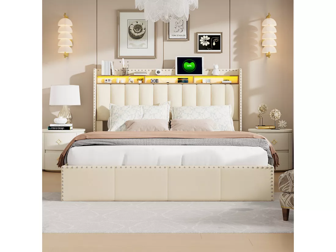 Lit Coffre 140×200cm, Lit Rembourré en Velours Beige, avec Port USB, Port de Type-C et LED, Coffre de Lit Rangement, Sommier