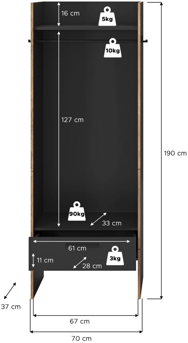 INOSIGN Garderobenschrank »MUSTA, Breite: 70cm, inkl. Kleiderstange, 2 Haken, 1 Schubkasten« Dielenschrank, Flurschrank, Schrank, Universalschrank, Sitzbank