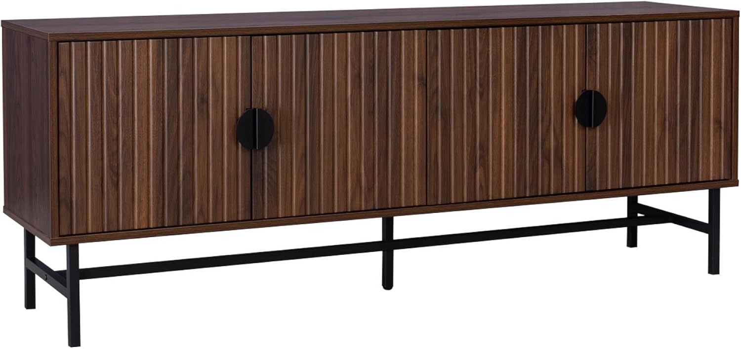 sweeek TV-Möbel, nussbaumfarbenes, geriffeltes Holzdekor, Vier Türen, Zwei Regale, L 160 x B 39 x H 60cm - Bazalt