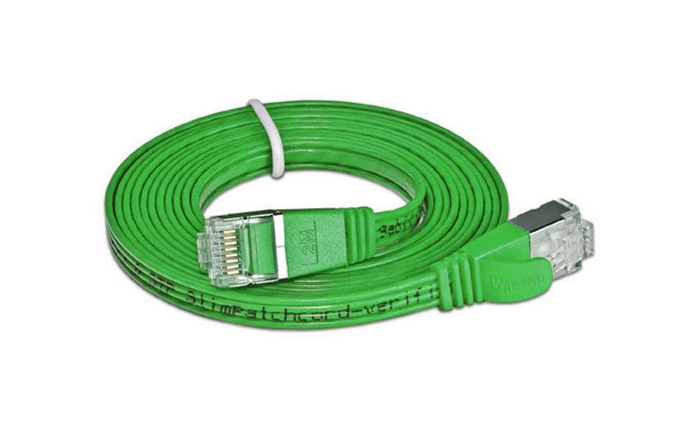 Slimpatchkabel RJ-45 - RJ-45, Cat 6, STP, 10 m, GrünGeschirmtes Twisted-Pair-Kabel (STP) mit Klinkenschutz