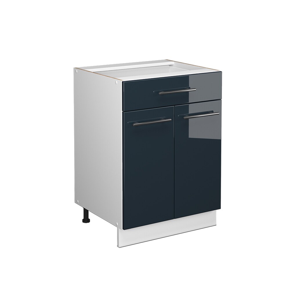 Vicco Schubunterschrank Fame-Line Weiß Dunkelblau Hochglanz 60 cm mit Arbeitsplatte Eiche