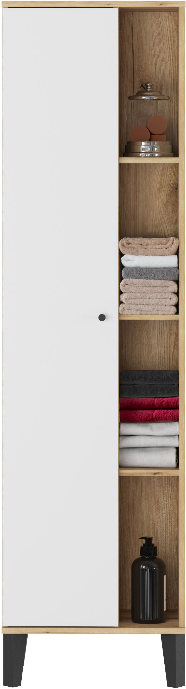 INOSIGN Stauraumschrank »Oslo, Badschrank mit Knopfgriff, Hochschrank im skandinavischen Design« in der Türfarbe Weiss oder Grau verfügbar, ausreichend Stauraum