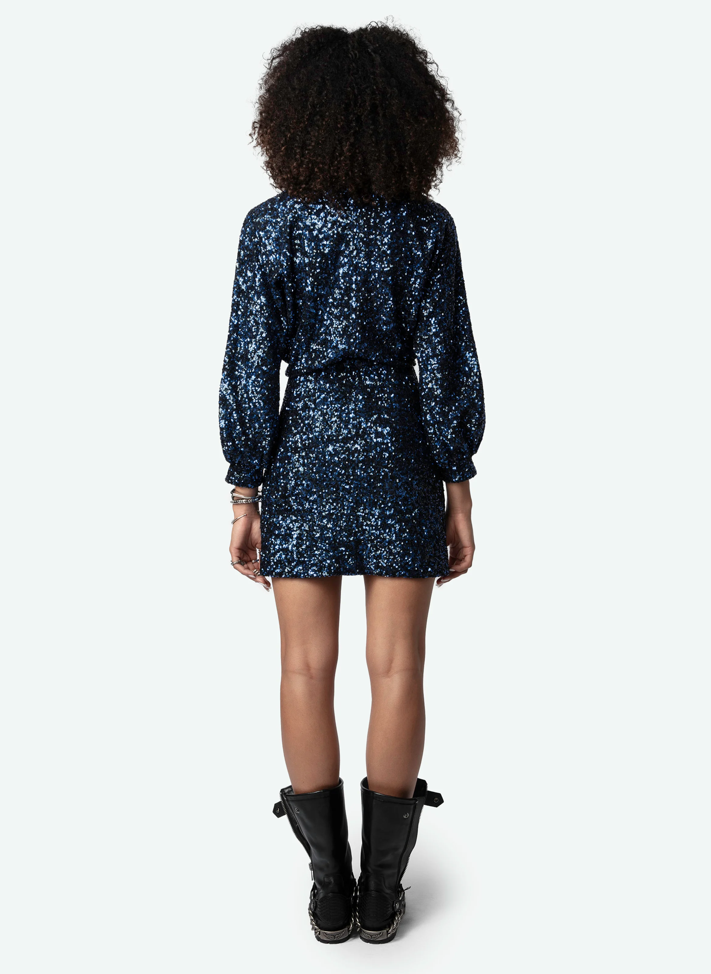 RUI - Robe courte col rond à sequins | Bleu