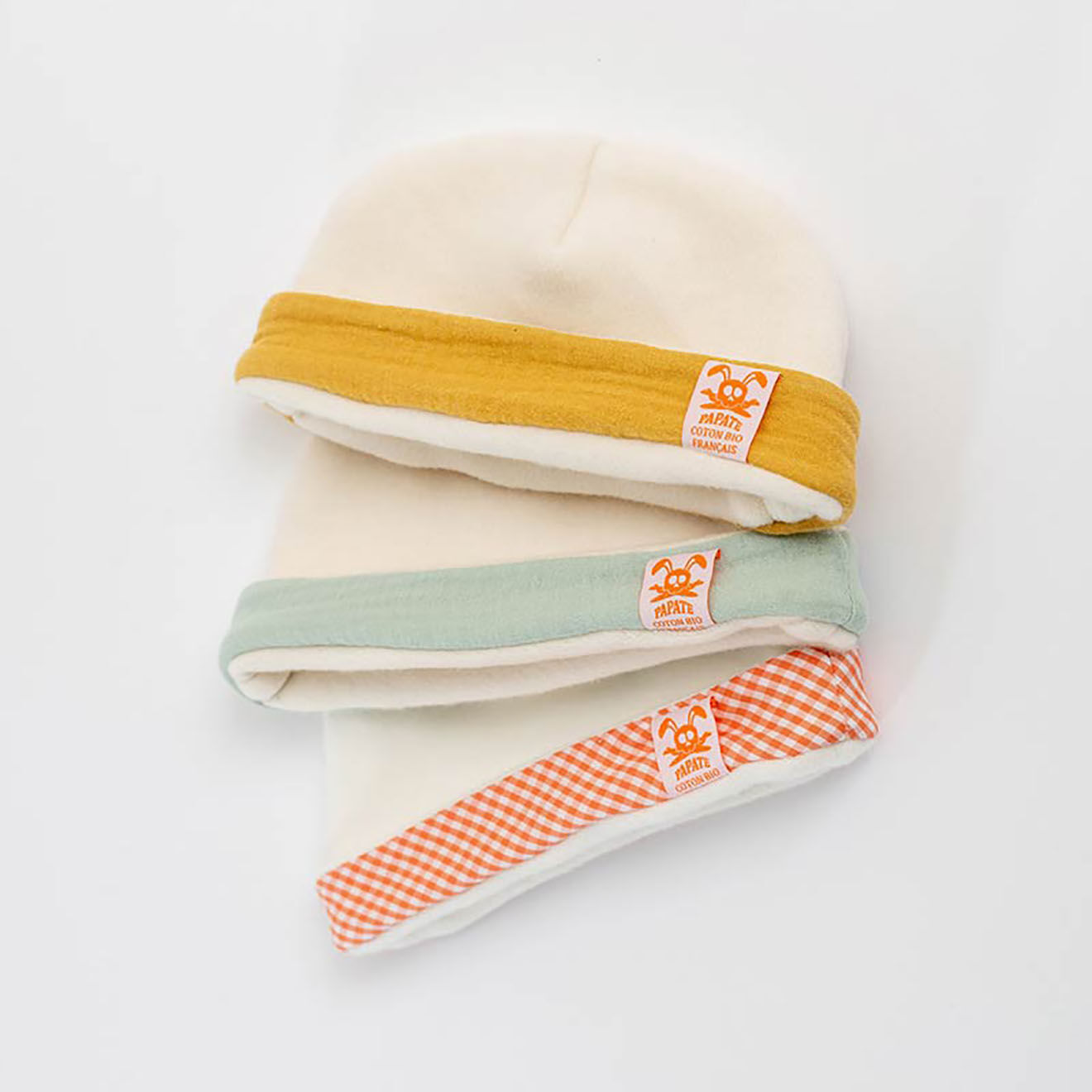 Papate Bonnet de Naissance en Coton Bio blanc/honey - 20x12 cm