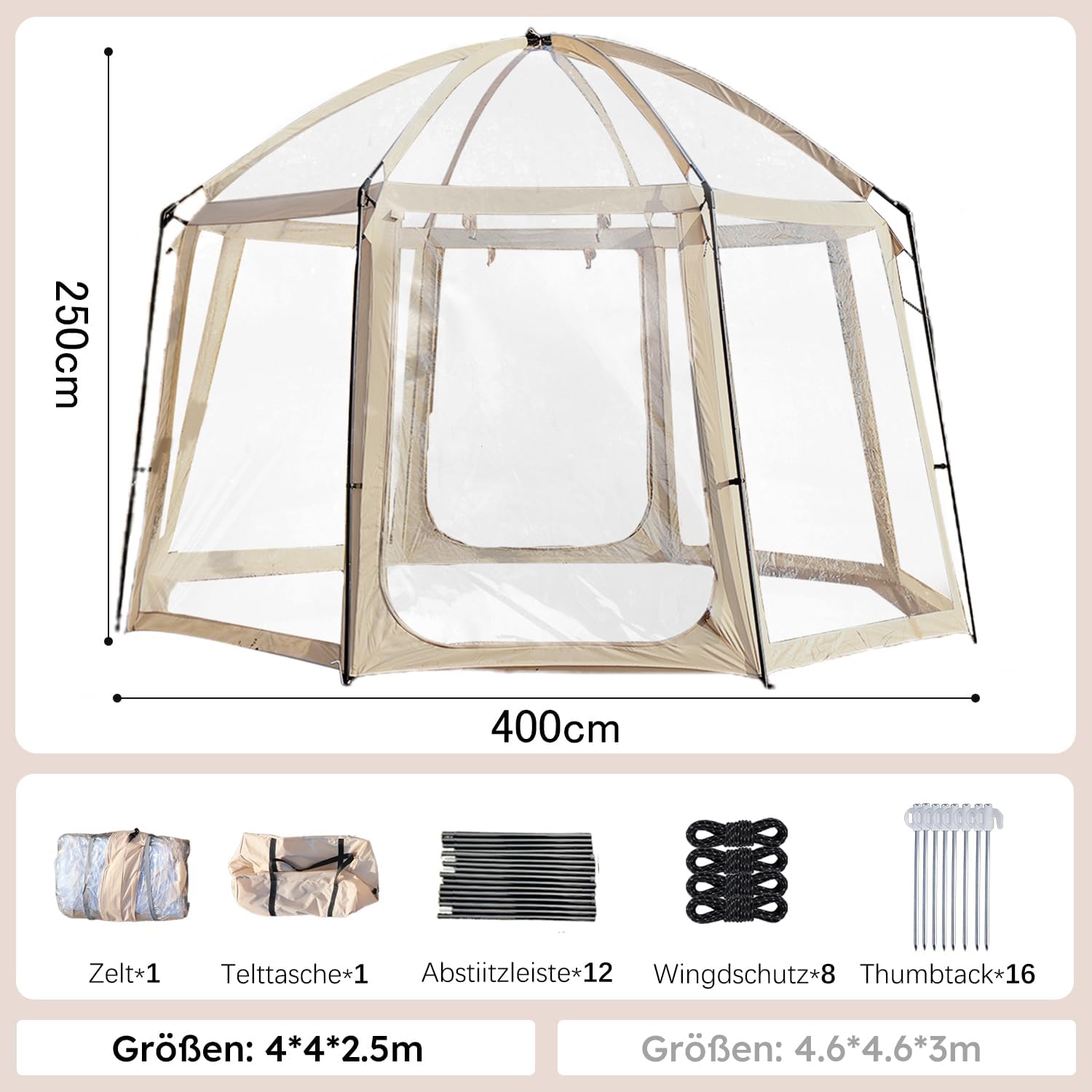 Poolabdeckung Rund – 400x400x250cm – Pool Dome für Pools bis ca. Ø 305cm – Poolzelt Mit Zwei große Reißverschlusstüren - Pool Sonnenschutz SPF35+ – Pool Überdachung Blockiert Blätter und Vogelkot.