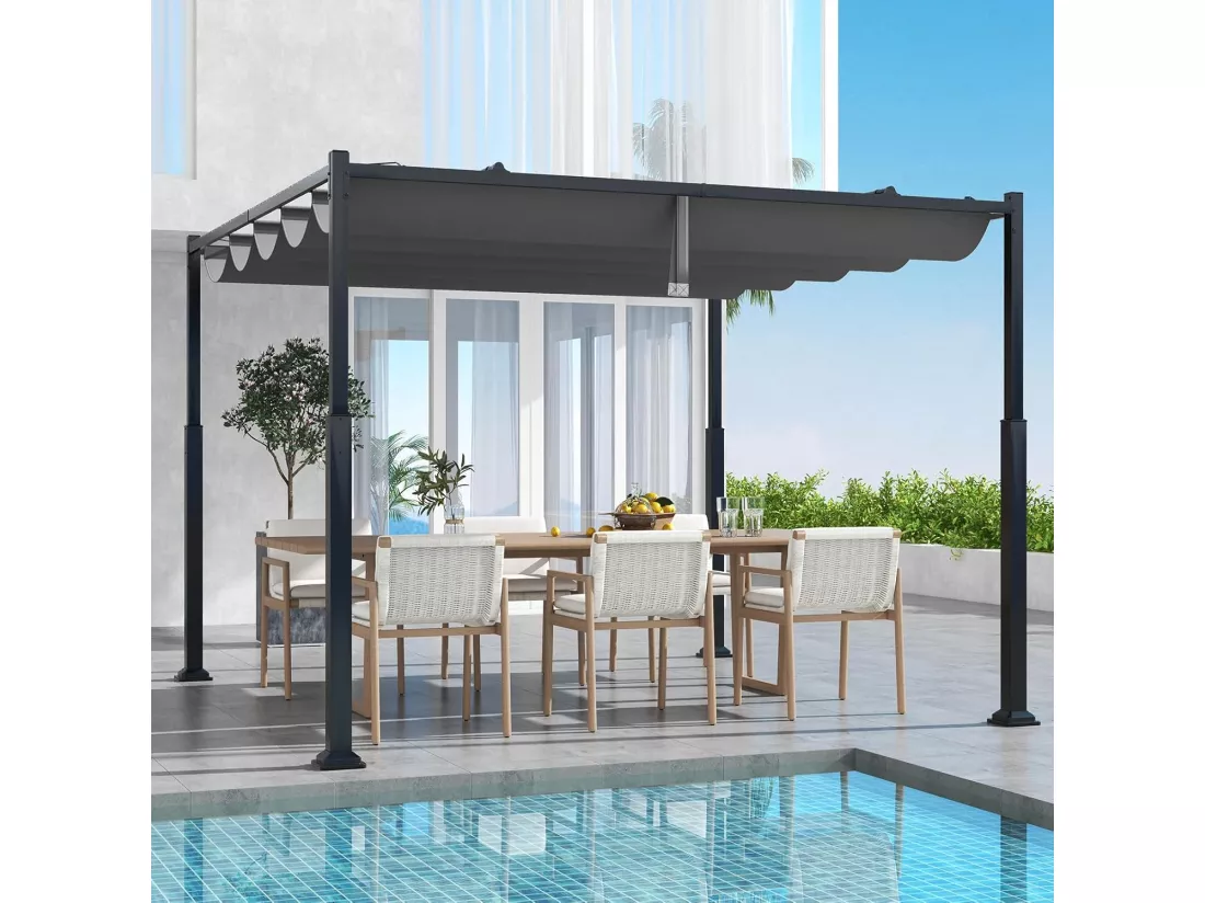 Pergola d'Extérieur 310 x 310 CM avec Auvent Rétractable, Abri Colonnes Métalliques Robustes Pavillon Moderne Pare-Soleil, Tonnelle pour Jardin Patio Terrasse Porche, Gris