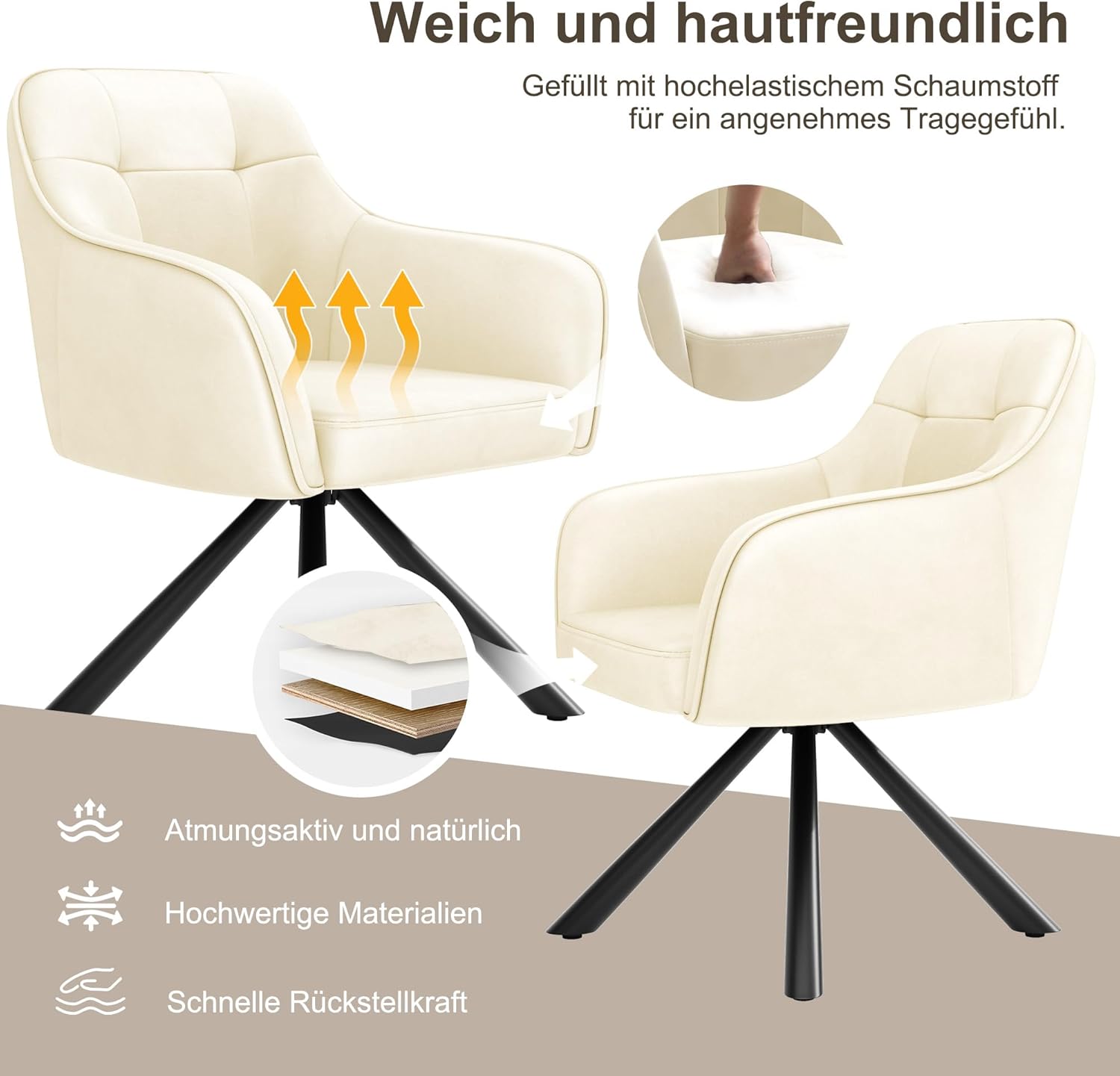 YOUDENOVA Esszimmerstühle 2er Set, 360° Drehbar mit Armlehnen, Samt Polsterstuhl für Esszimmer, Küche, Wohnzimmer & Büro, Stühle Esszimmer Weiß