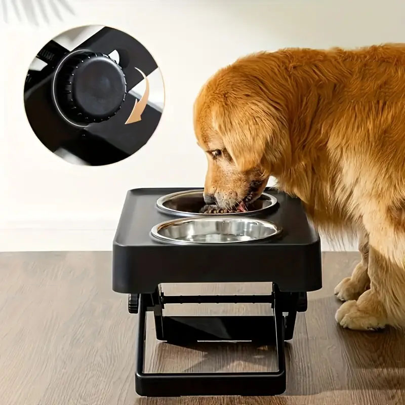 (430x295mm) Höhenverstellbare Haustier Futterstation Hunde Fress Napf   Wasser Schale - Grau / Silber