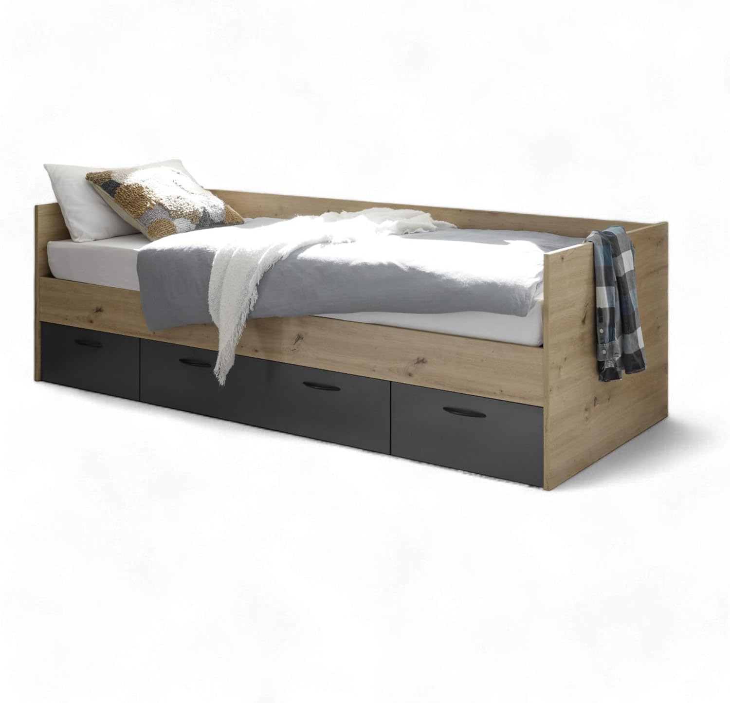 Liam Modernes Einzelbett mit 3 Schubkästen 90 x 200 cm - Praktisches Jugendzimmer Kojenbett in Artisan Eiche Optik, Graphit - 95 x 65 x 204 cm (B/H/T) LP4202201