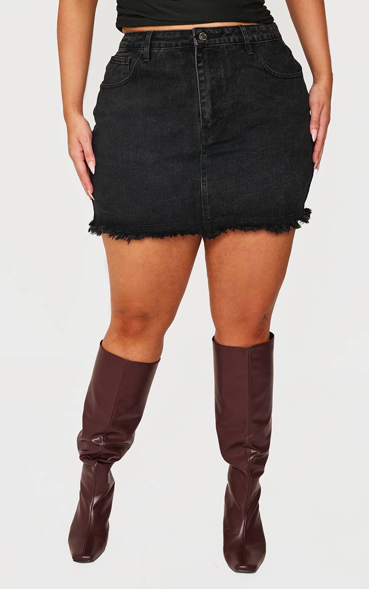Noir Jupe Mini En Denim Délavé À Ourlet Brut Grande Taille
