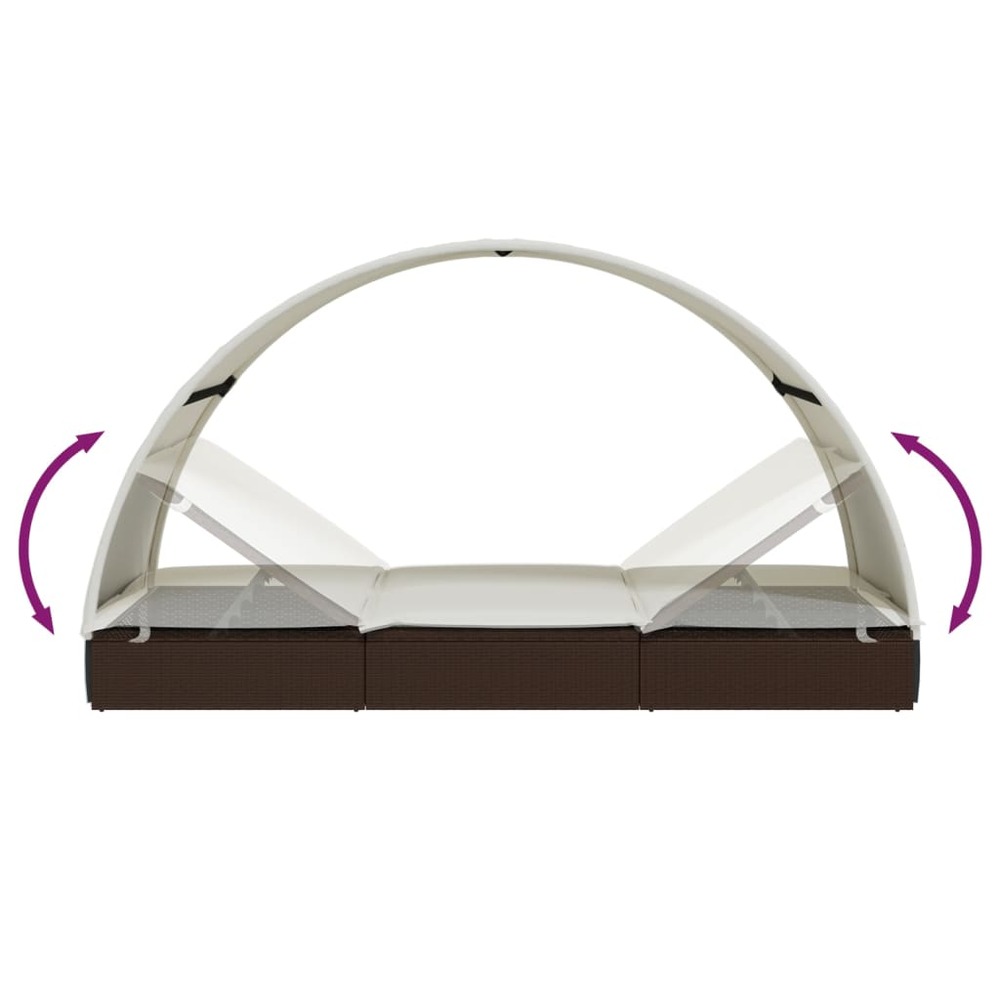 Transat chaise longue bain de soleil lit de jardin terrasse meuble d'extérieur avec toit rond marron 211x57x140cm résine tres