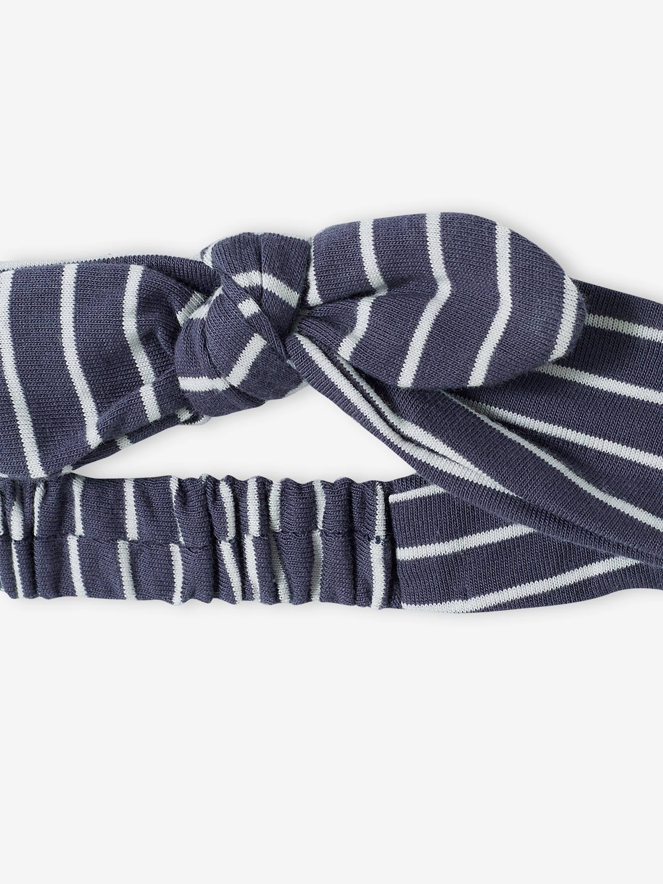 Conjunto de 3 peças para bebê, composto por shorts de veludo, camiseta e faixa de cabelo, na cor azul-escura listrada.