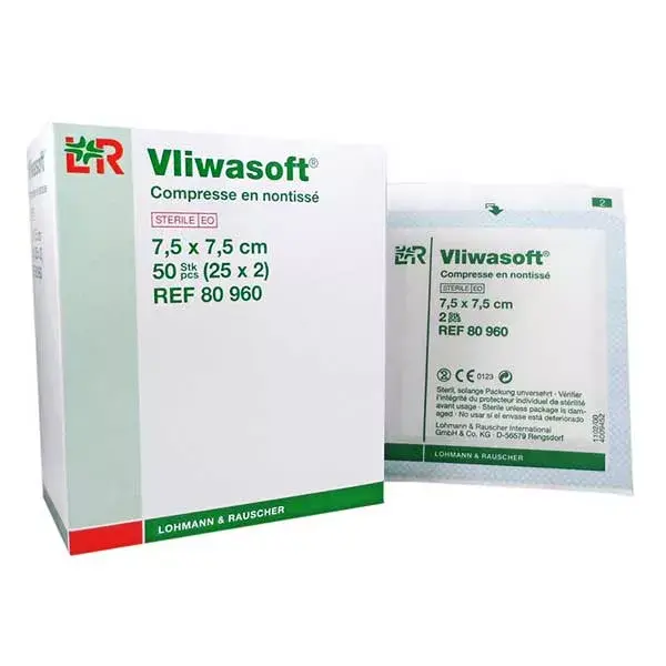 L&R Vliwasoft Compresse en Non-Tissé 30g S-2 7,5cmx7,5cm Boite-25s Stérile