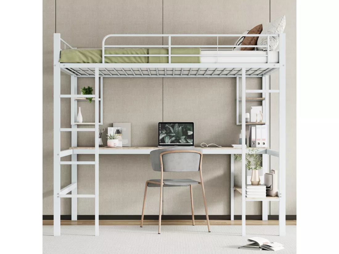 Lit mezzanine 140 x 200 cm avec bureau et étagères - Métal - Sommier à lattes - Blanc (sans matelas)