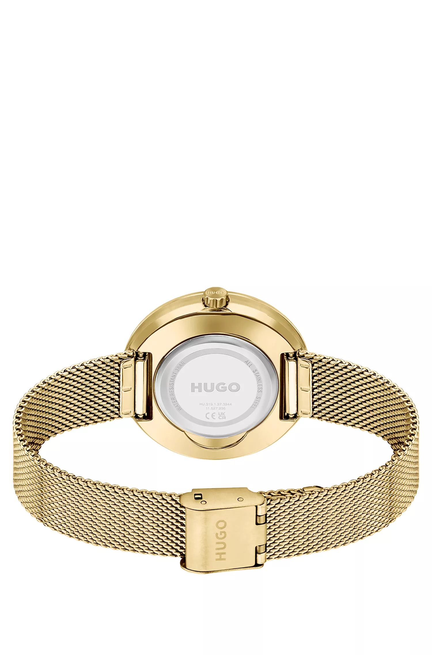 Relógio HUGO com pulseira de malha vermelha e mostrador dourado.