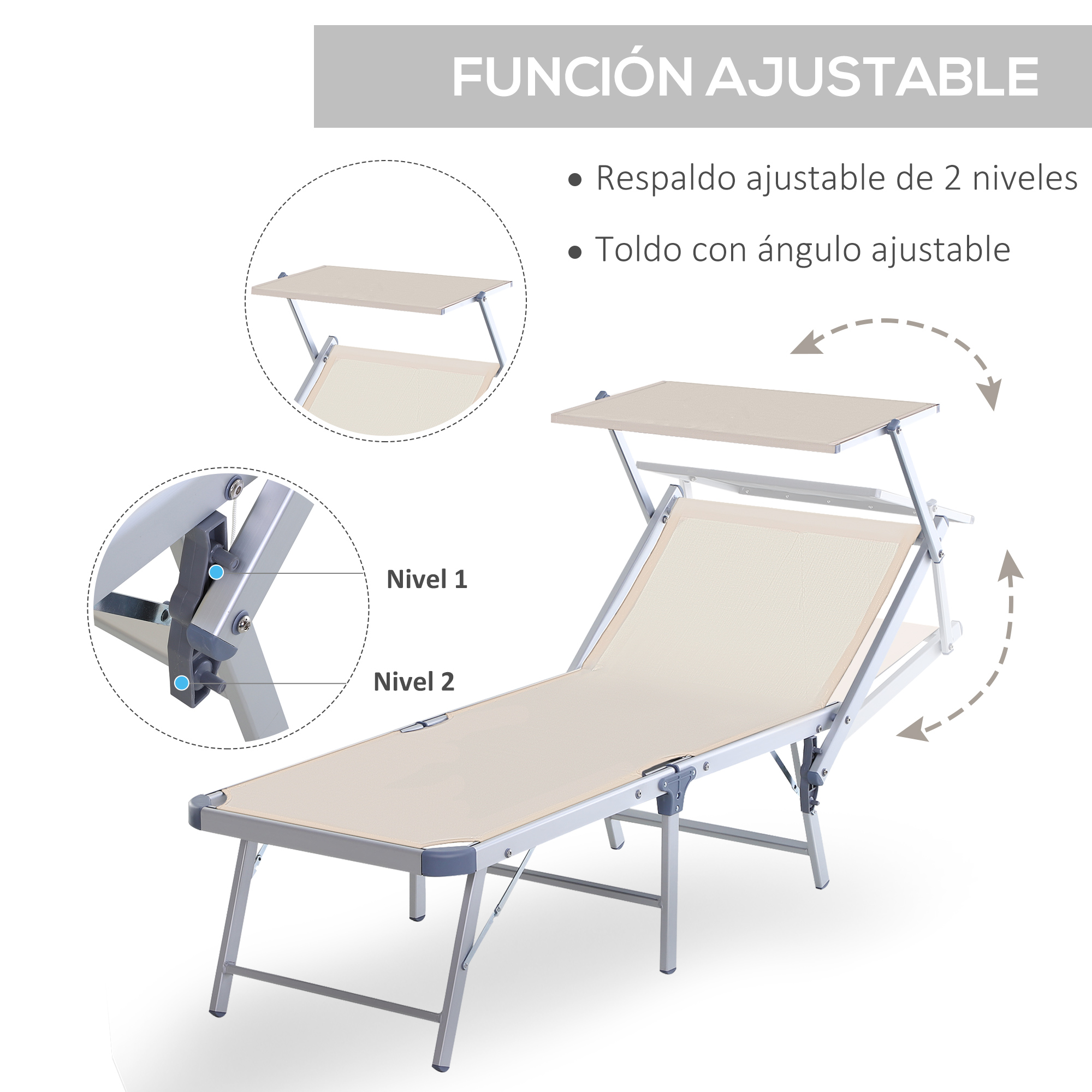Espreguiçadeira dobrável e reclinável Outsunny em alumínio com cobertura integrada para piscina, jardim, terraço e uso externo, capacidade de carga de 120 kg, 169 x 72 x 50/70 cm, bege.