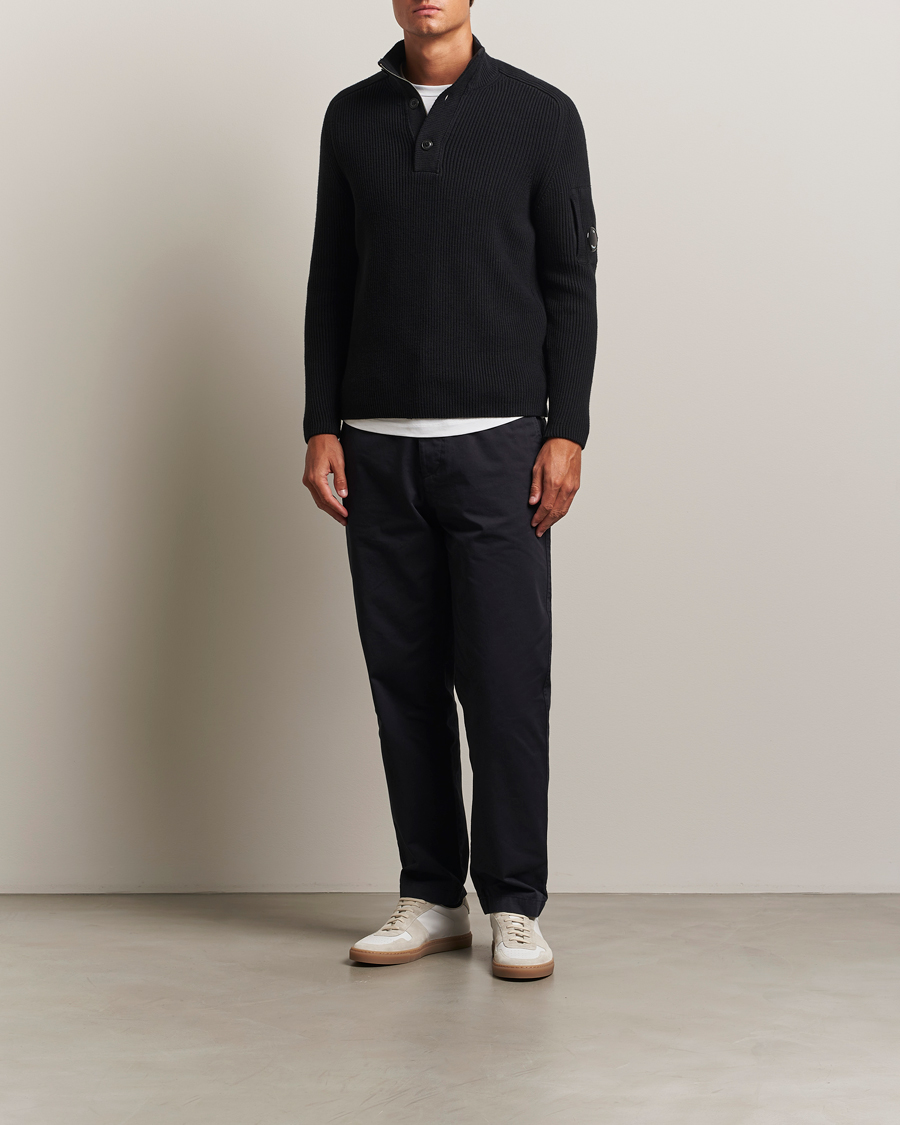 C.P. Company Full Rib Knitted Cotton Half Button Black