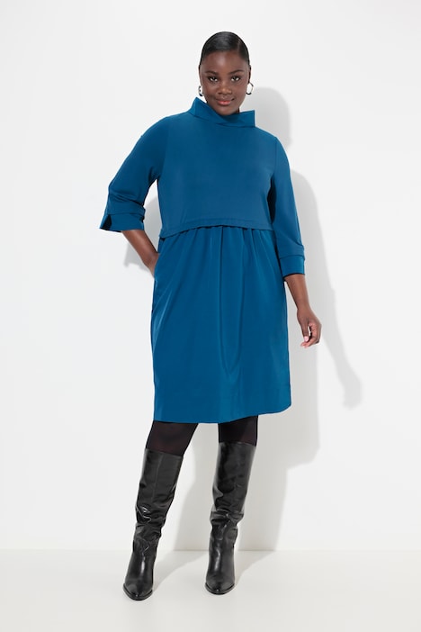Kleid, Lagenoptik, A-Linie, weiter Kragen, 3/4-Arm