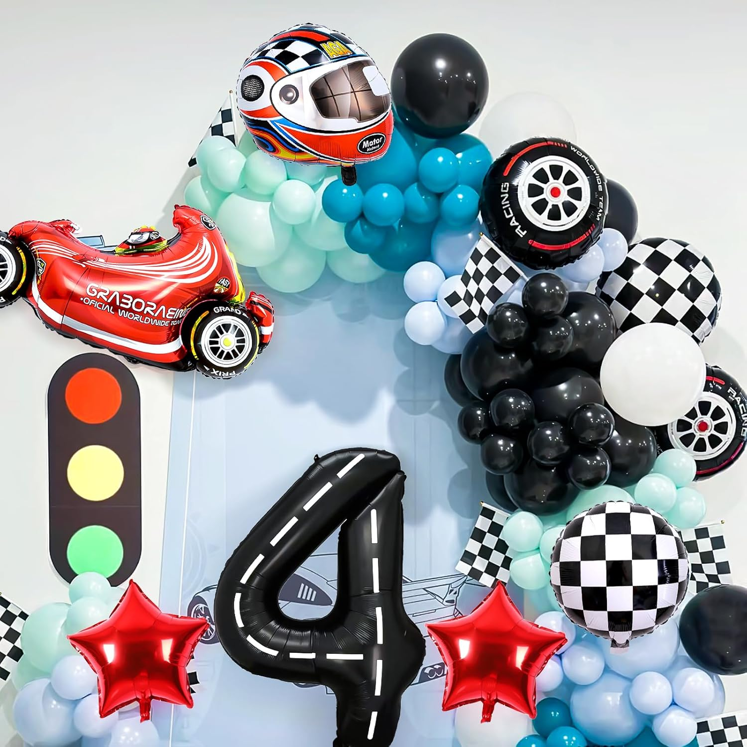 (8-tlg. Set) Zahlen Ballon Kinder Geburtstags Party Folienballon - Zahl 4 / Rennauto