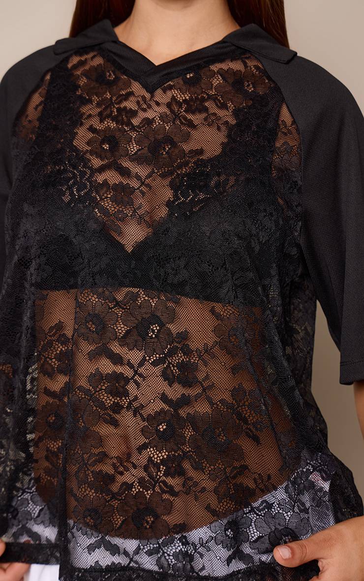 Noir Haut Rugby Oversize À Col Contrastant En Dentelle