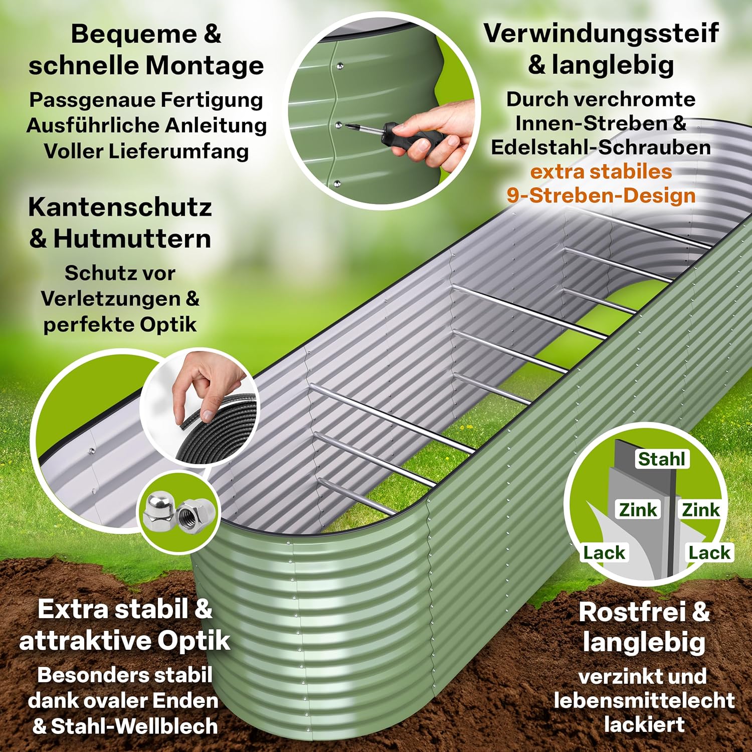 TTL GARDEN 320x80x80cm Nature XL Metall Hochbeet Salbei-Grün - Stahl rostfrei verzinkt & lackiert Wellblech oval 80cm hoch sehr stabil Garten Beet für Gemüse Kräuter Blumen Gartenbeet Gemüsebeet