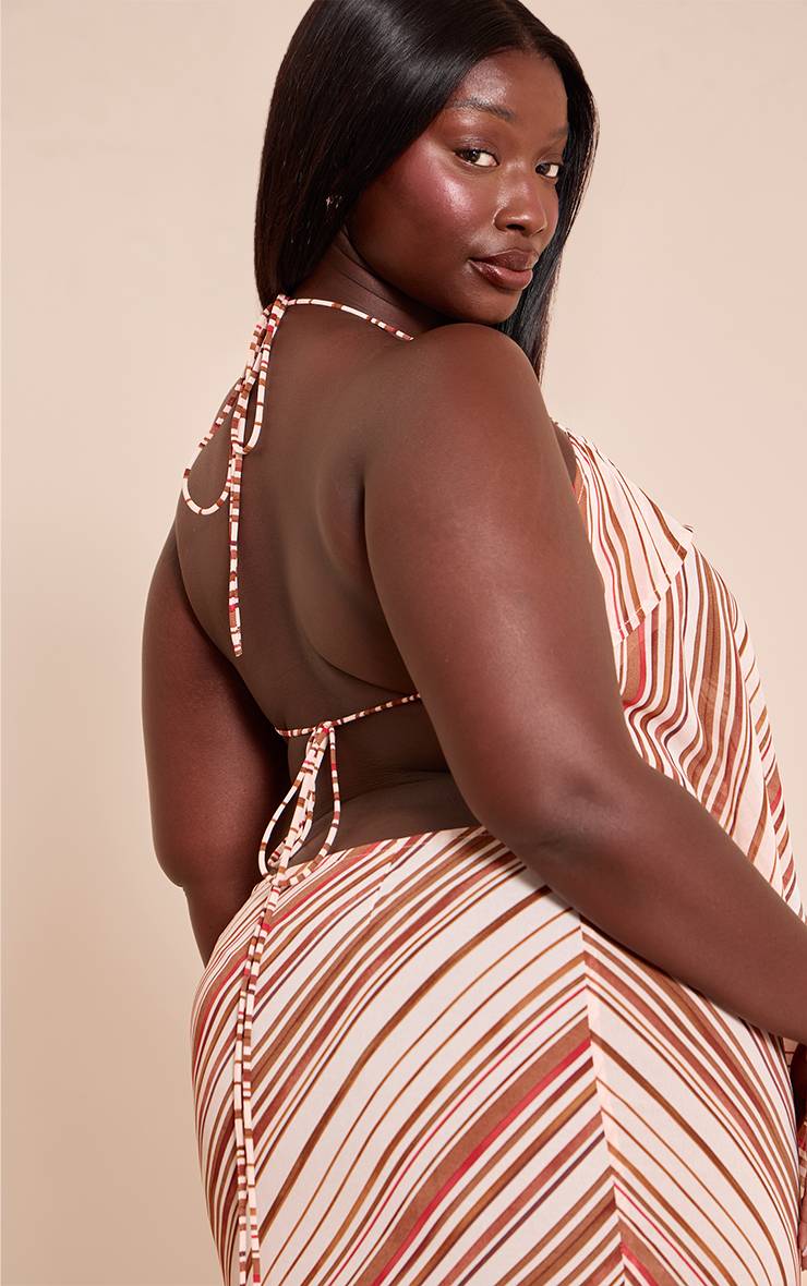 Marron Top Grande Taille En Mousseline À Rayures Dos Nu Et Bretelles Coordonné