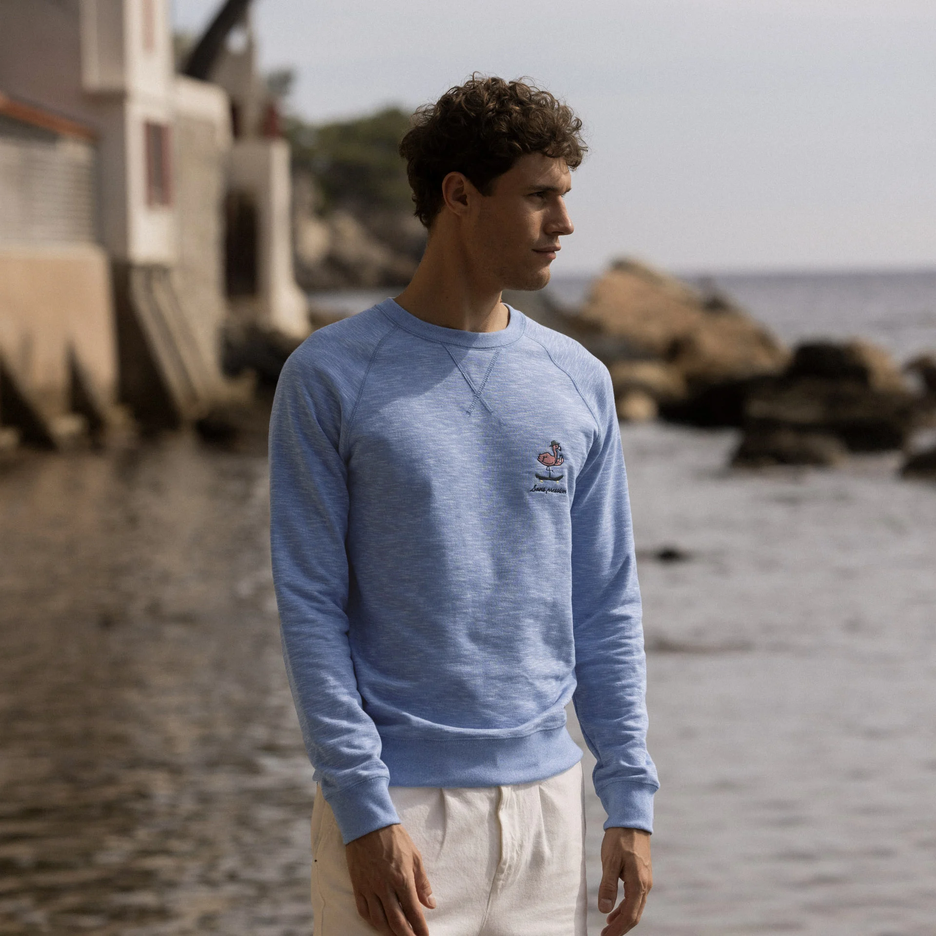 Sweat bleu clair broderie sans pression polyester recyclé et coton - modèle darney