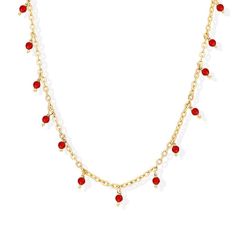 Collier Argent Doré Petites Gouttes Perles Pierre Onyx Rouge