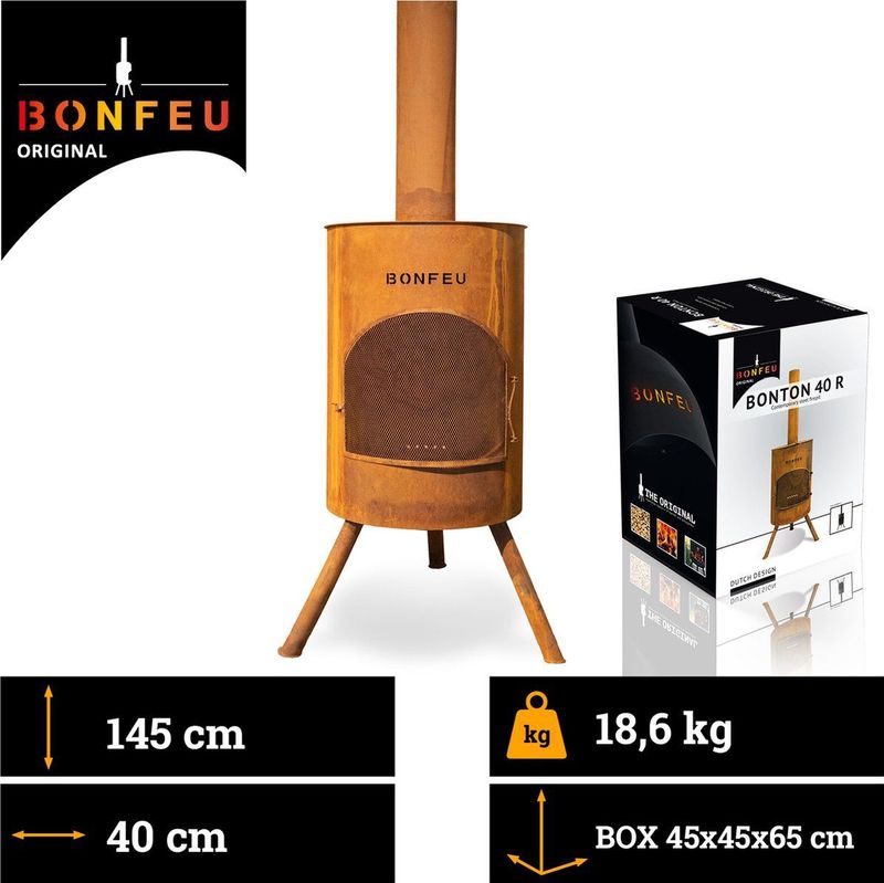BonFeu BonTon 40 Roest Tuinhaard Staal - Houtkachel met Vonkenscherm - Tuinkachel voor Sfeervolle Avonden - 40x40x145 cm