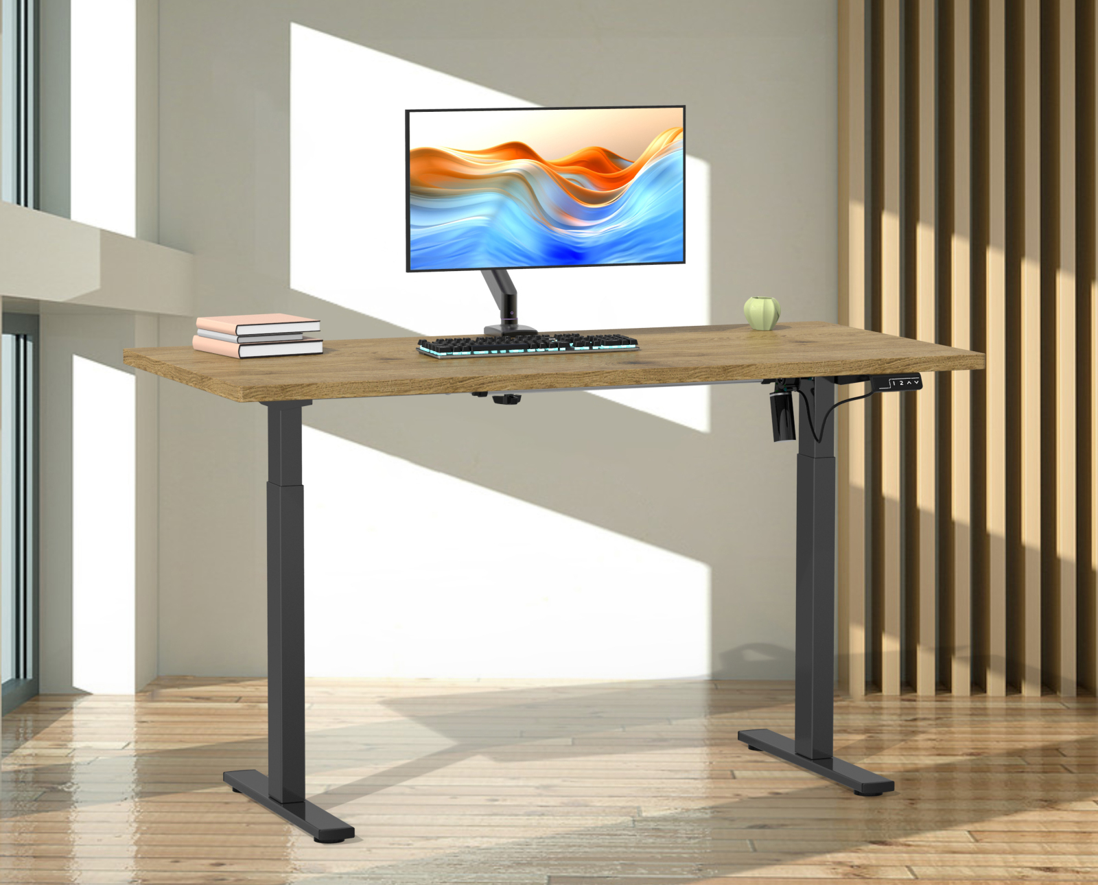 Schreibtisch E-LONA - Honig Eiche-schwarz - 140x80cm - höhenverstellbar