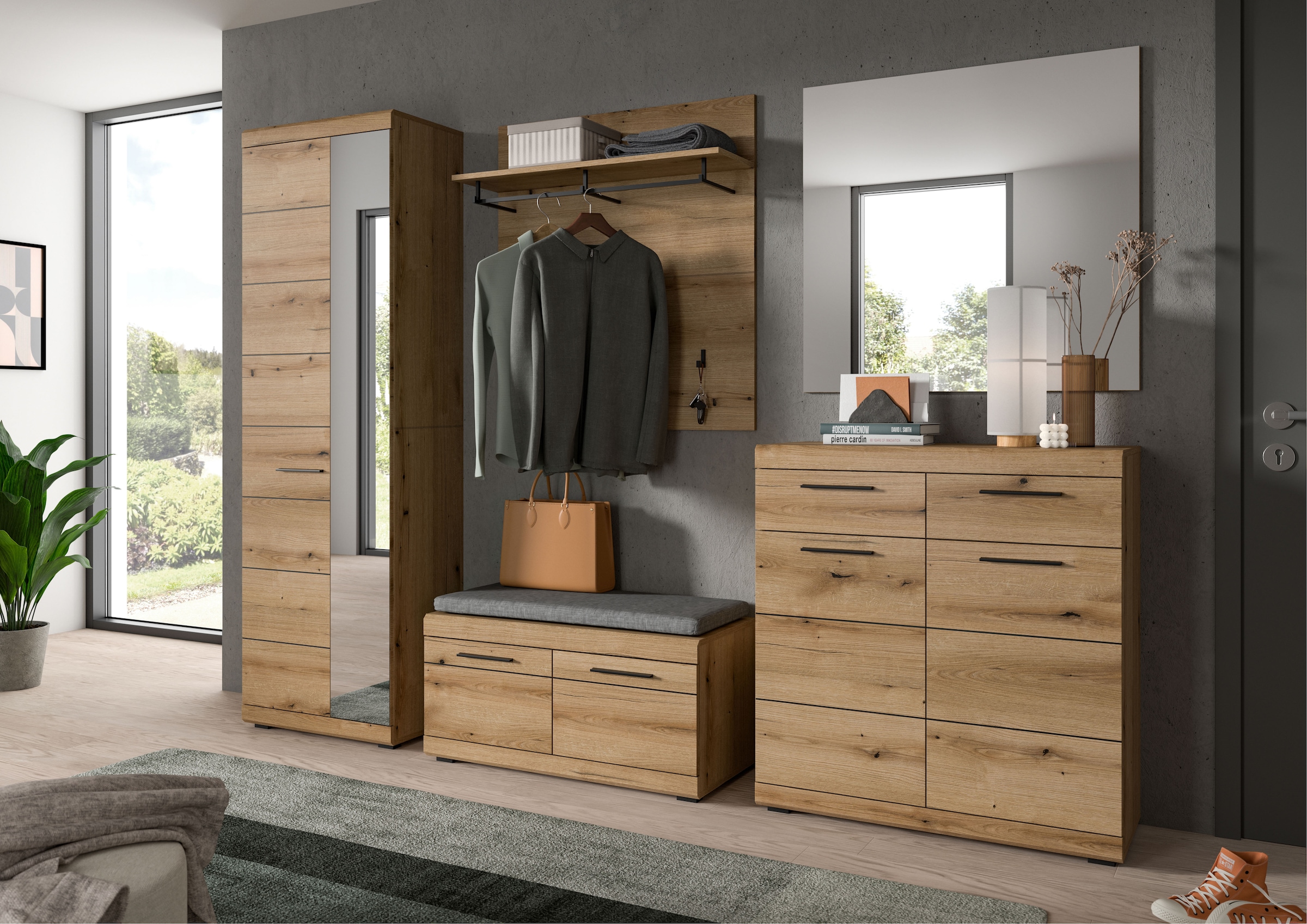 INOSIGN Sitzbank »SIENA, Breite 90 cm, 2 Türen, 2 E-Böden, 4 Fächer, inkl. Sitzkissen« hochwertige Rillenfräsung in MDF Front, 2 Stk. tlg. Garderobenbank, Dielenbank, Bank, Flurbank, Kommode