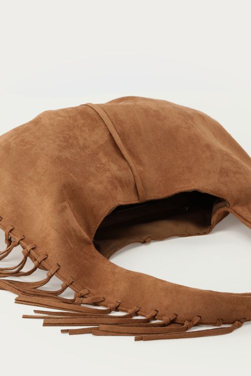 Bruine shopper in suède look met franjes