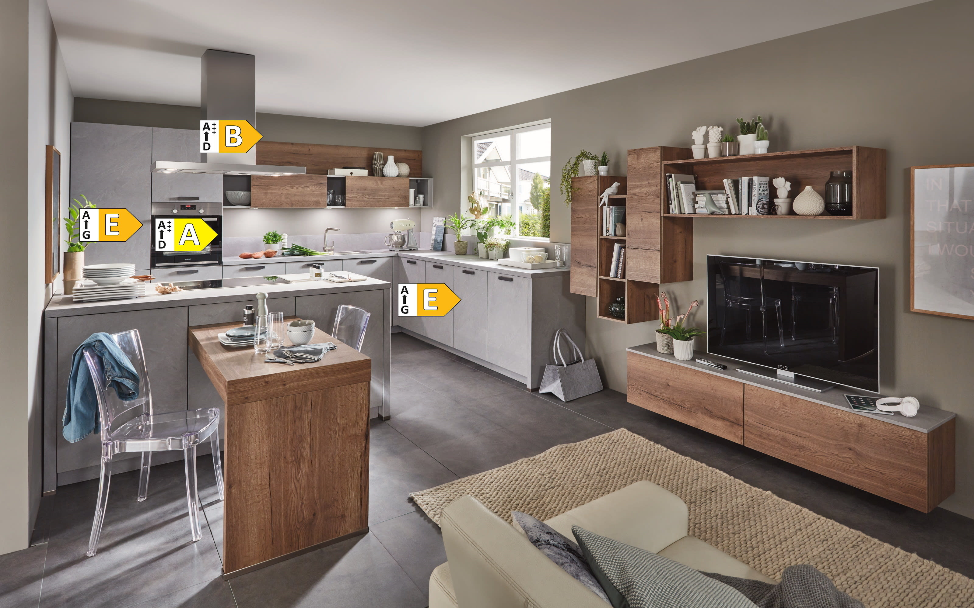 Einbauküche Seega/Stadum, schiefergrau/Eiche Havanna Nachbildung, inkl. Neff Elektrogeräte