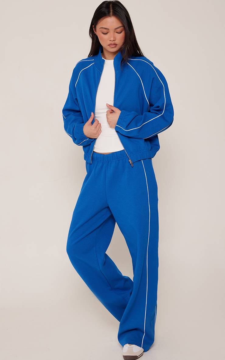 Bleu Cobalt Jogging Interlock À Jambes Larges Avec Passepoil Contrasté