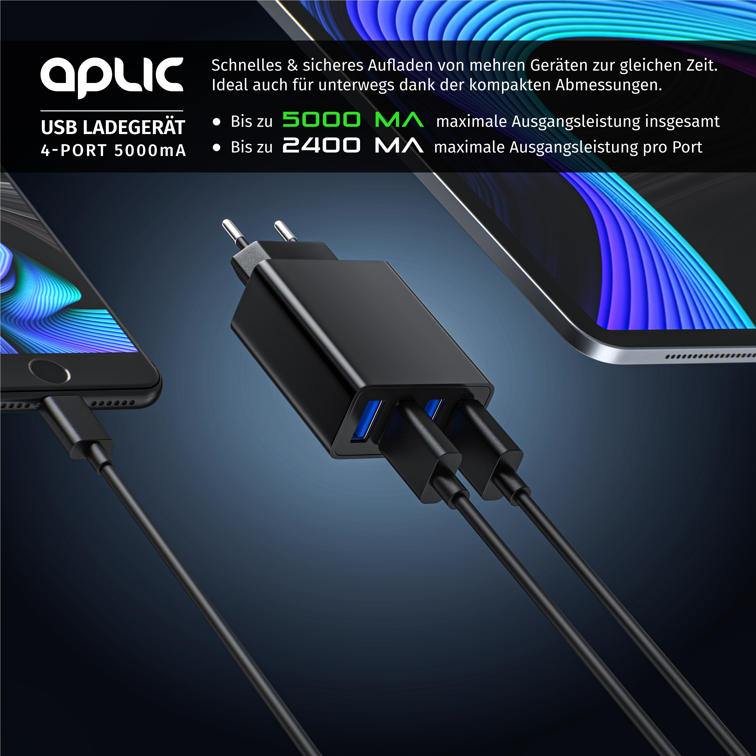 Aplic USB-Ladegerät 5000 mA, 4-Port Netzteil für Handy, Tablet uvm. 5000mA, 2,4A Max. je Port, 25W