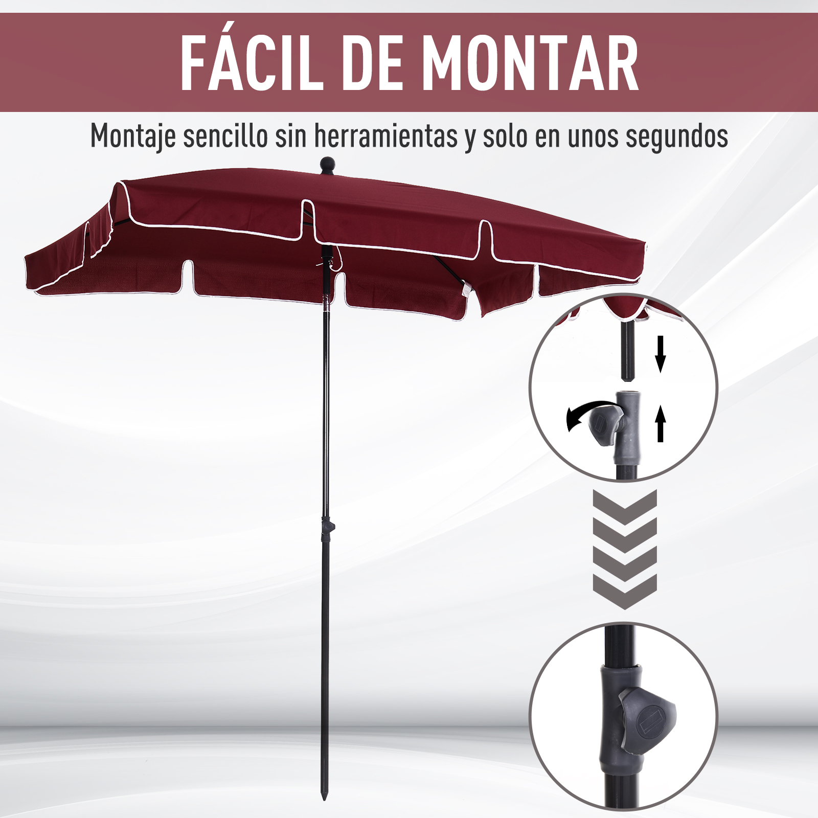 Guarda-sol de jardim retangular Outsunny em alumínio, 198x130x245 cm, com função de inclinação, ideal para terraços, pátios e áreas externas, na cor vermelho vinho.