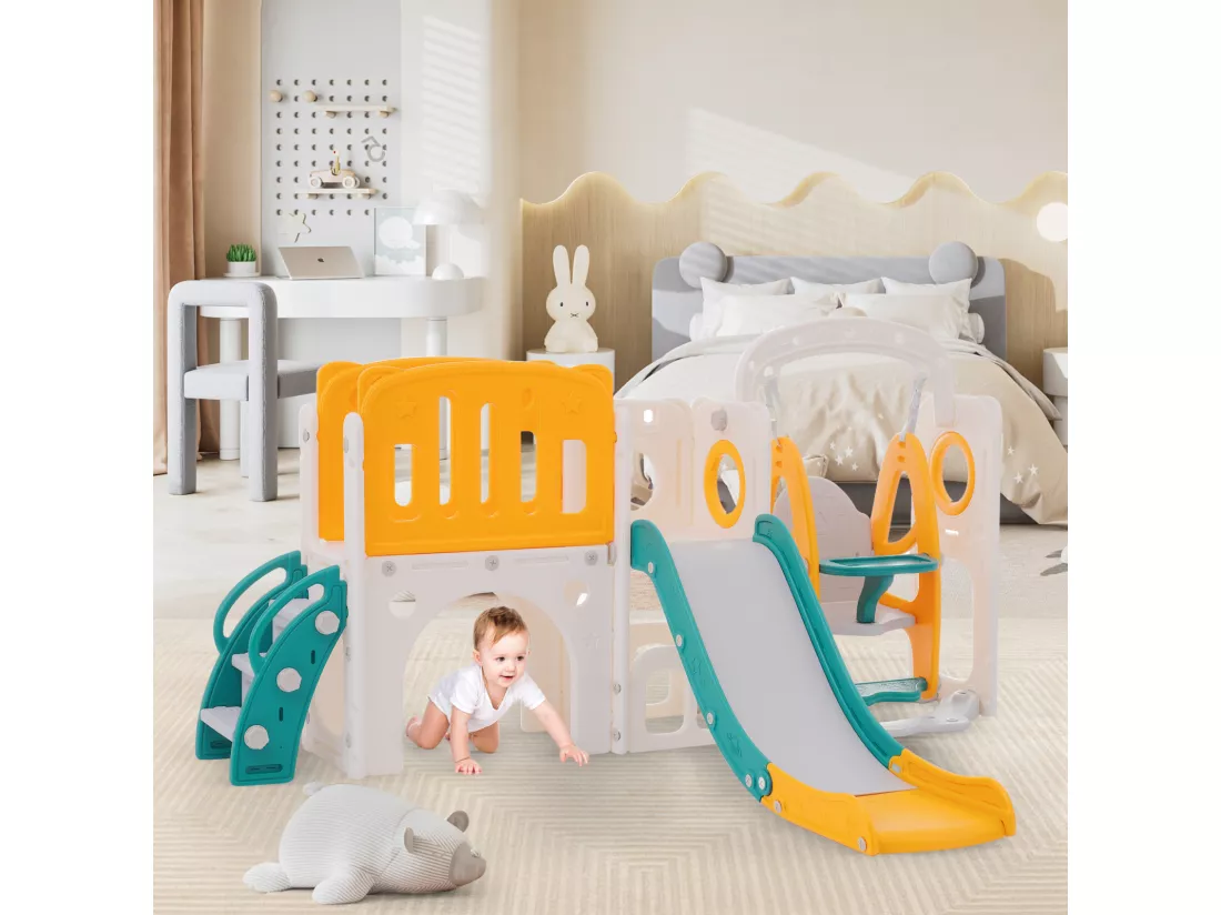 Toboggan 7 en 1 pour enfant, avec balançoire, plate-forme, zone de rangement, arcade, panier de basket, escalier, PEHD, vert+jaune