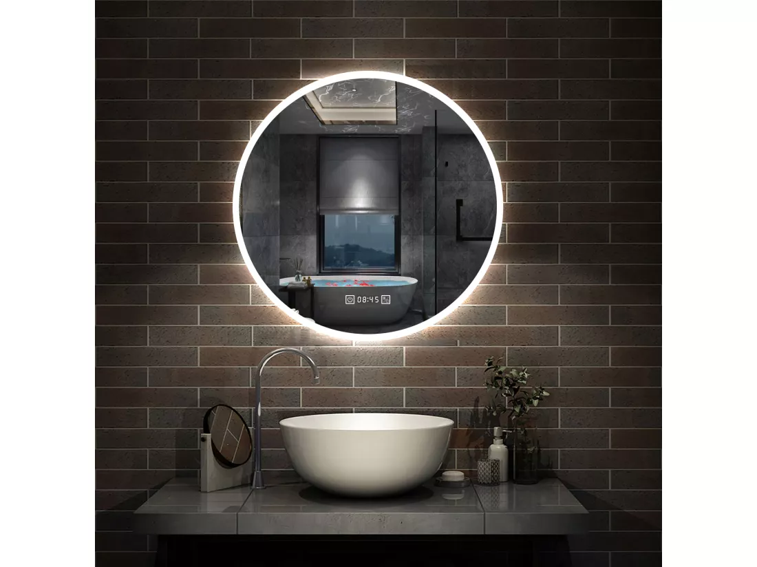 Miroir de Salle de Bain lumineux 70cm rond LED avec Horloge, Mural Miroir avec 3 Couleurs + Dimmable + Anti-buée,Interrupteur Tactile Étanche IP44