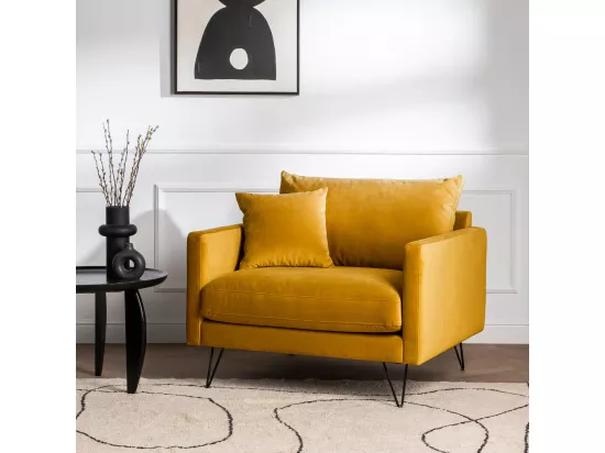 Villabon - Fauteuil XL en velours pieds épingles noirs : Couleur - Jaune moutarde
