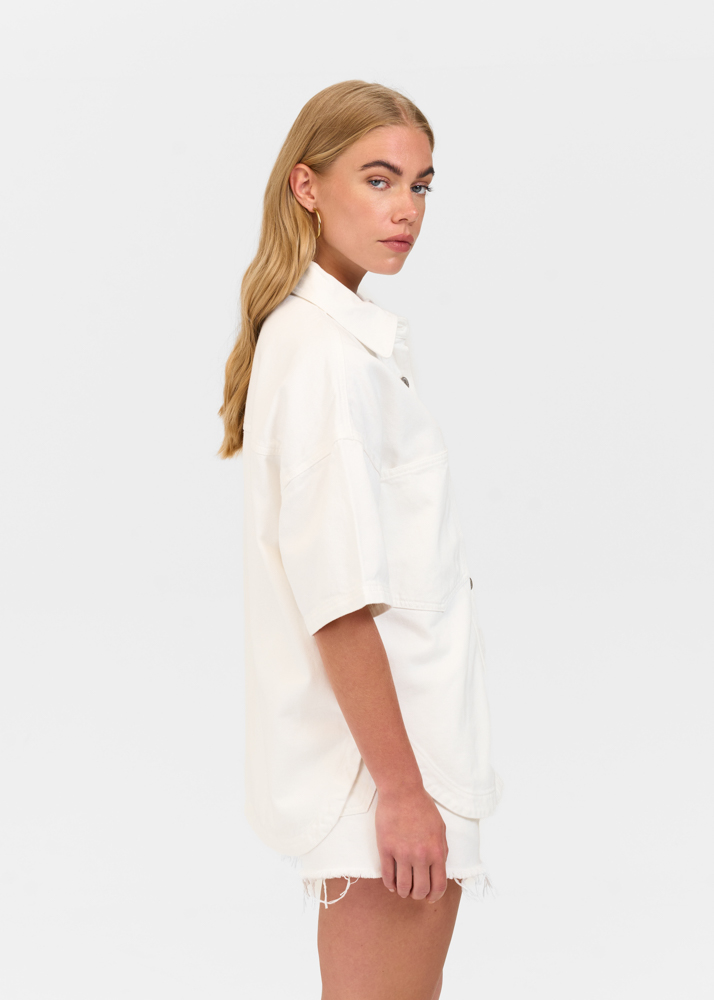 Oversized denim blouse korte mouw ecru