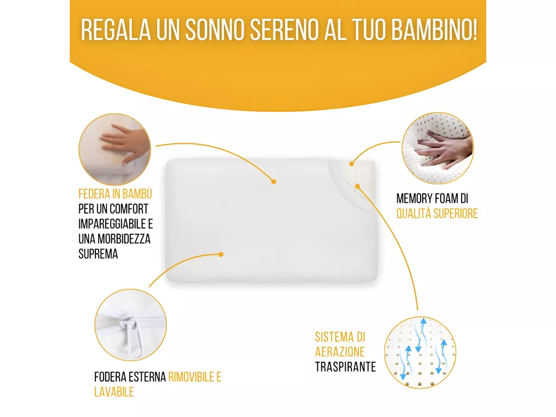 Oreiller Enfant Respirant en Tissu de Bambou 50x30x5,5 avec taie en bambou supplémentaire INPHYSIO