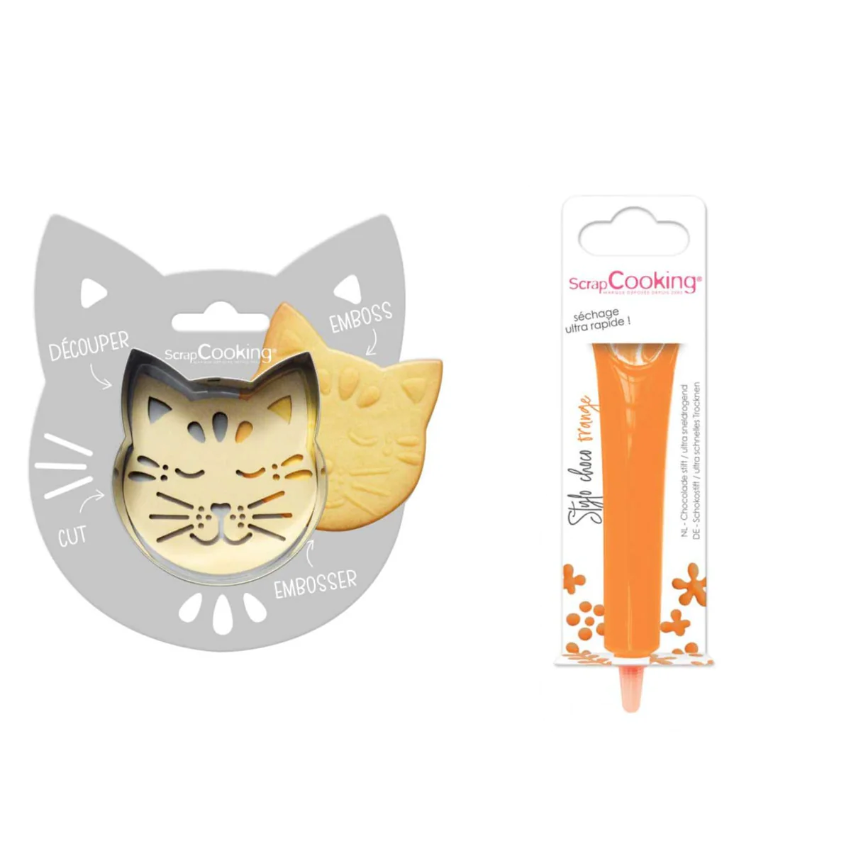 Kit pour biscuit en relief Chat + Stylo au chocolat orange Scrapcookin