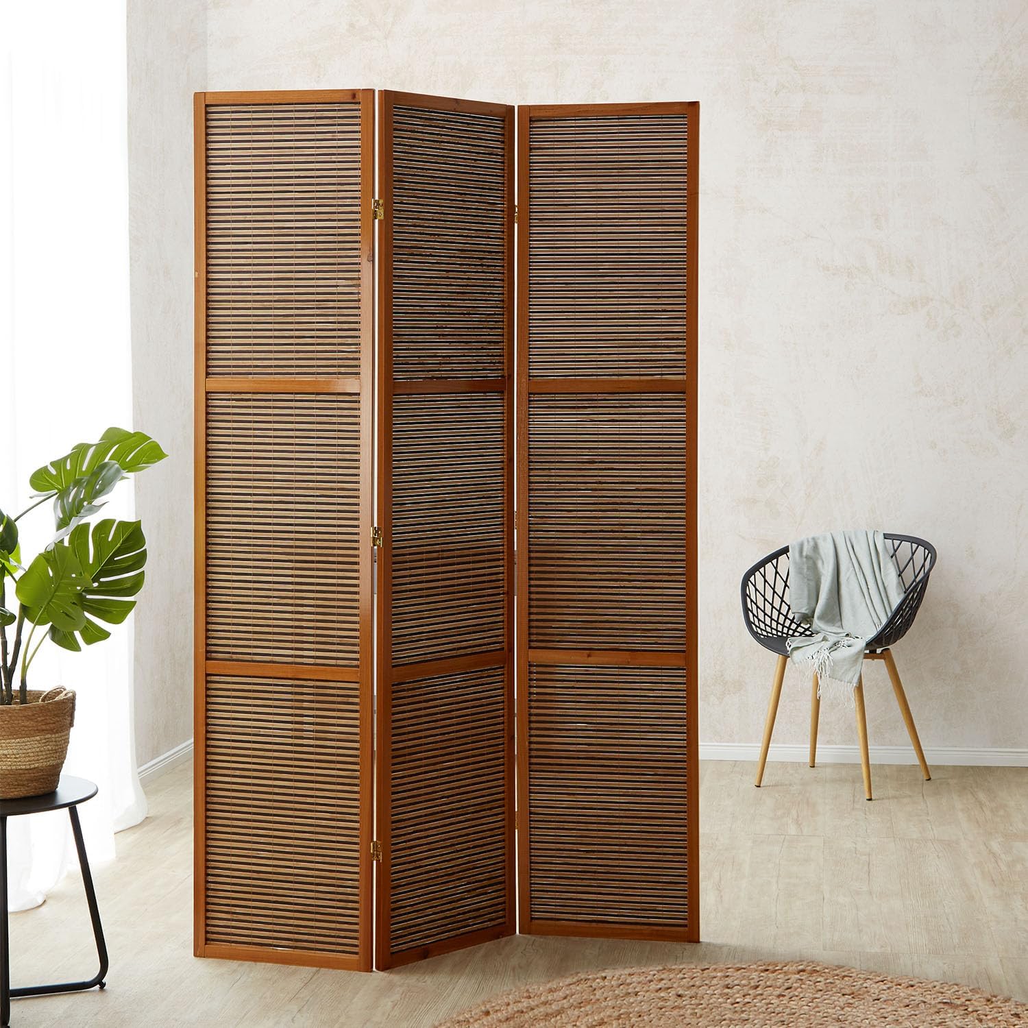 Homestyle4u 873, XL Paravent Raumteiler 3 teilig Raumtrenner Bambus Holz, Braun, Höhe 2 m