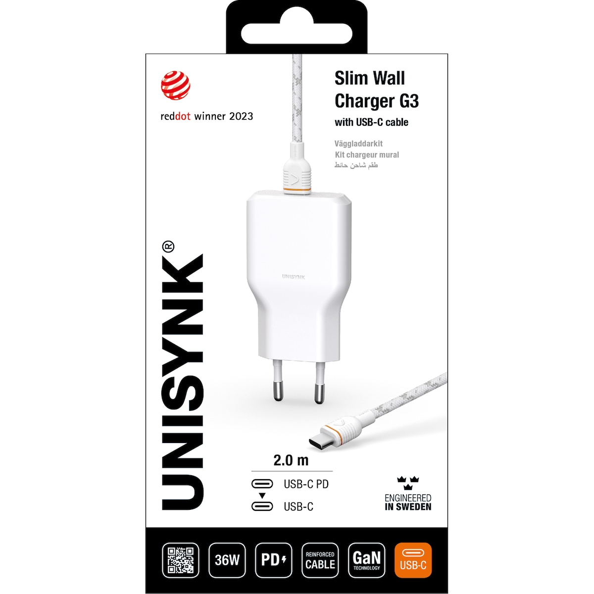 Unisynk G3 36W USB-C vegglader med 2m USB-C-kabel (hvit)
