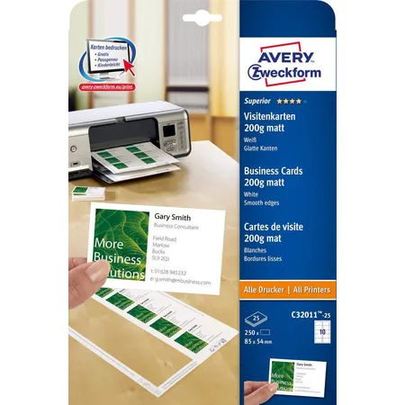 Avery Zweckform C32011-25 Superior Visitenkarten, 85 x 54 mm, einseitig beschichtet, 250 Karten / 25 Bogen