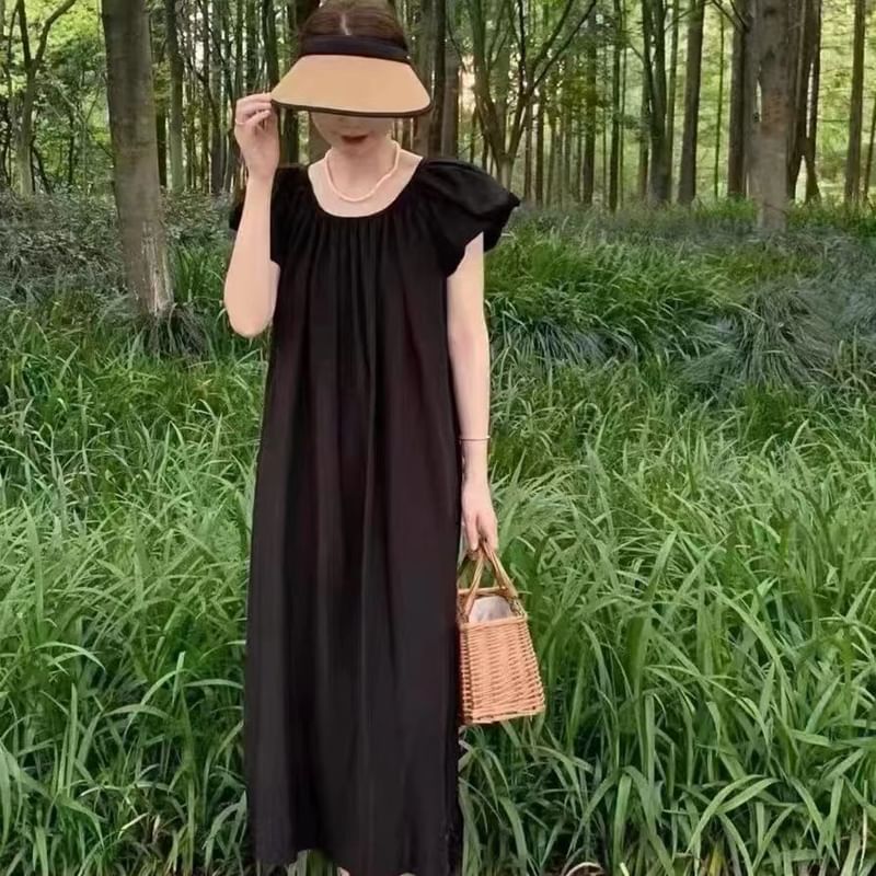 Everose - Midi-tuniekjurk met korte mouwen, ronde hals en gerimpelde uitsnijding op de rug