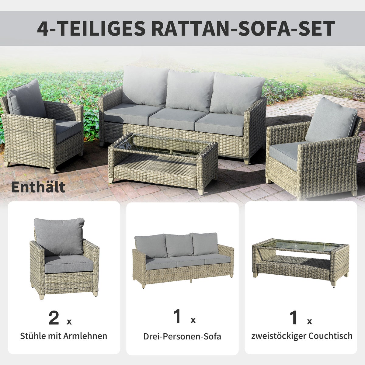 Outsunny 4-delige tuinmeubelset, 193L x 77B x 80,5H cm, aluminium, PE-rotan, polyester, veelkleurig
