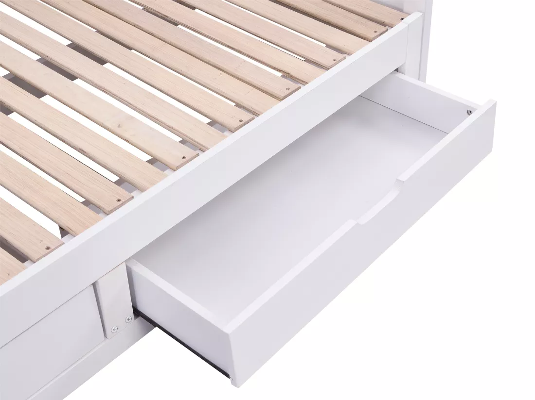 Lit gigogne banquette 90 x 190 ou 180 x 190 cm - Avec sommier peigne et tiroirs - Pin et MDF - Blanc + Matelas - DINIVA
