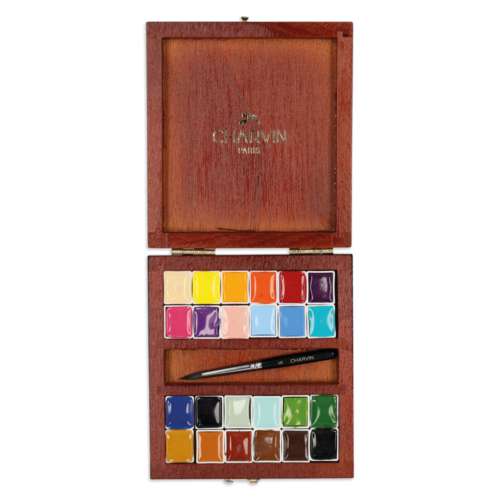 CHARVIN extrafeine Aquarellfarbe, 24 halbe Näpfchen, Holzkasten